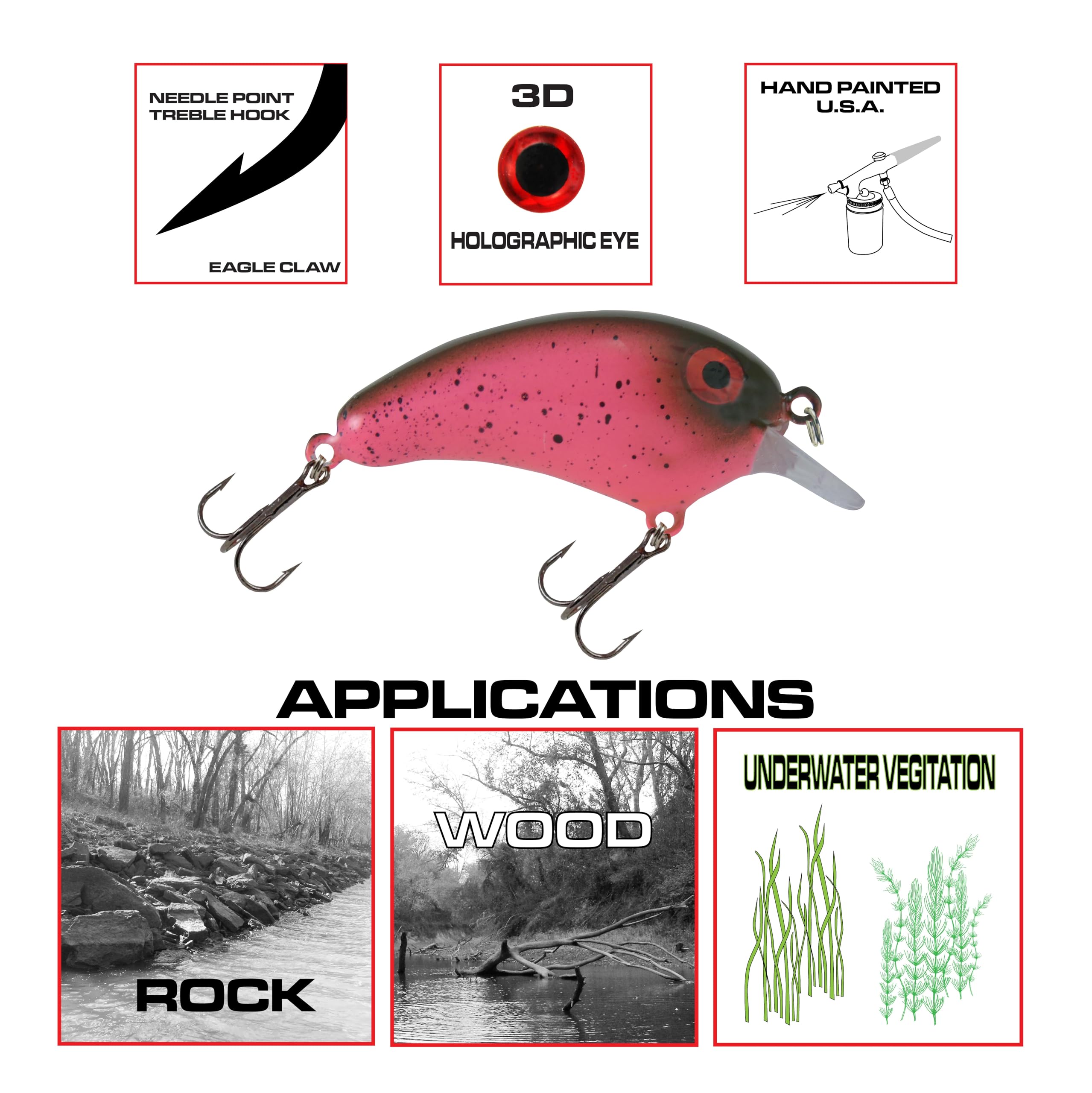 Luck E Strike Crappie Magic crankbait closeup of razor treble hooks for better hookups.