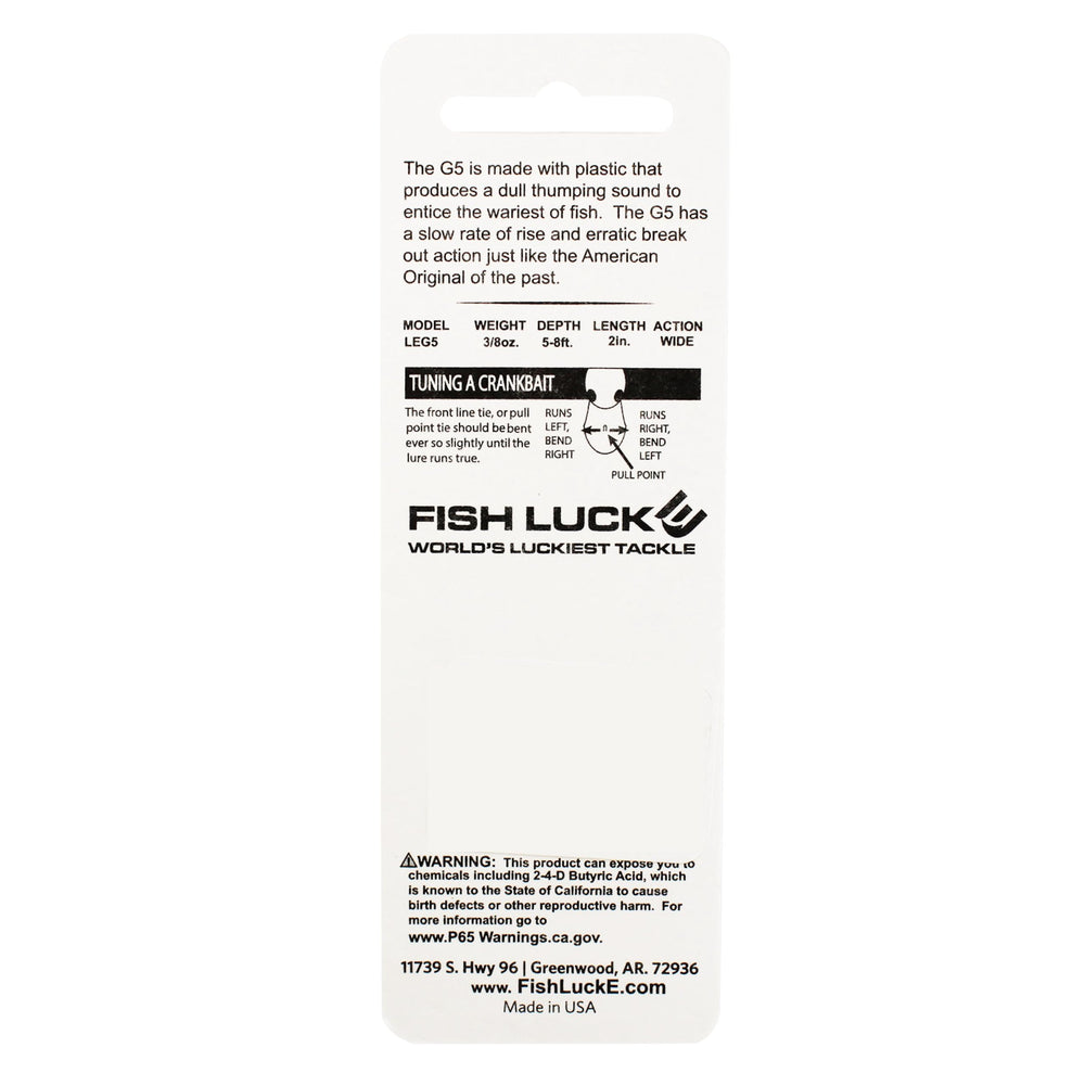 FISH LUCKE Luck E Strike G5 crankbait back view ideal for covering rocky bottoms and trolling.