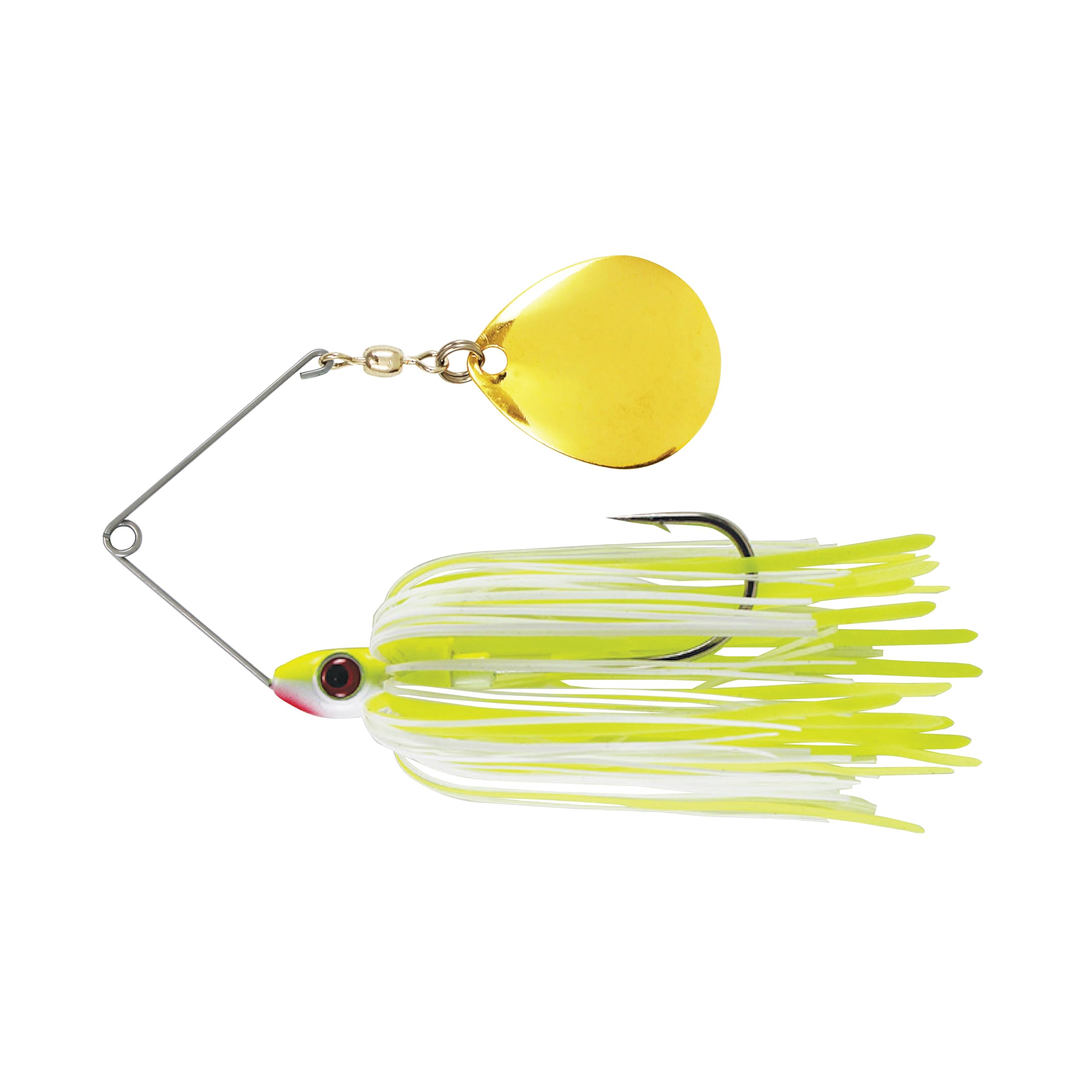 FISH LUCKE Redman spinnerbait front view shows chartreuse/white skirt and blade for visibility and vibration.