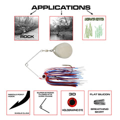Fish Lucke Luck-E-Strike Redman spinnerbait side profile shows durable wire frame under pressure.