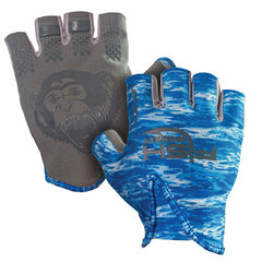 Fish Monkey FM18 stubby glove on blue water camo front for enhanced grip.