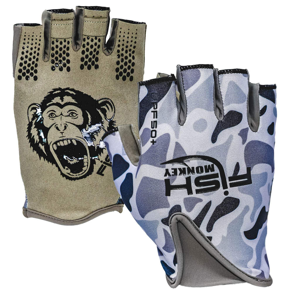 Fish Monkey FM18 stubby glove palm view highlighting dexterity and half finger design.