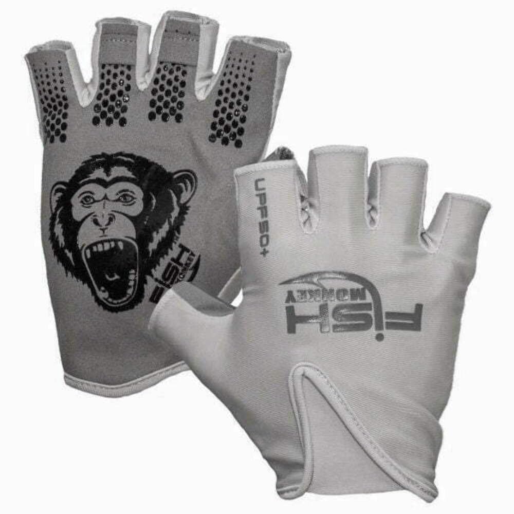 Fish Monkey FM18 stubby glove on rod hand offers secure grip in bright sun