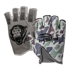 Fish Monkey FM18 Stubby Glove front view old school beige camo with secure grip