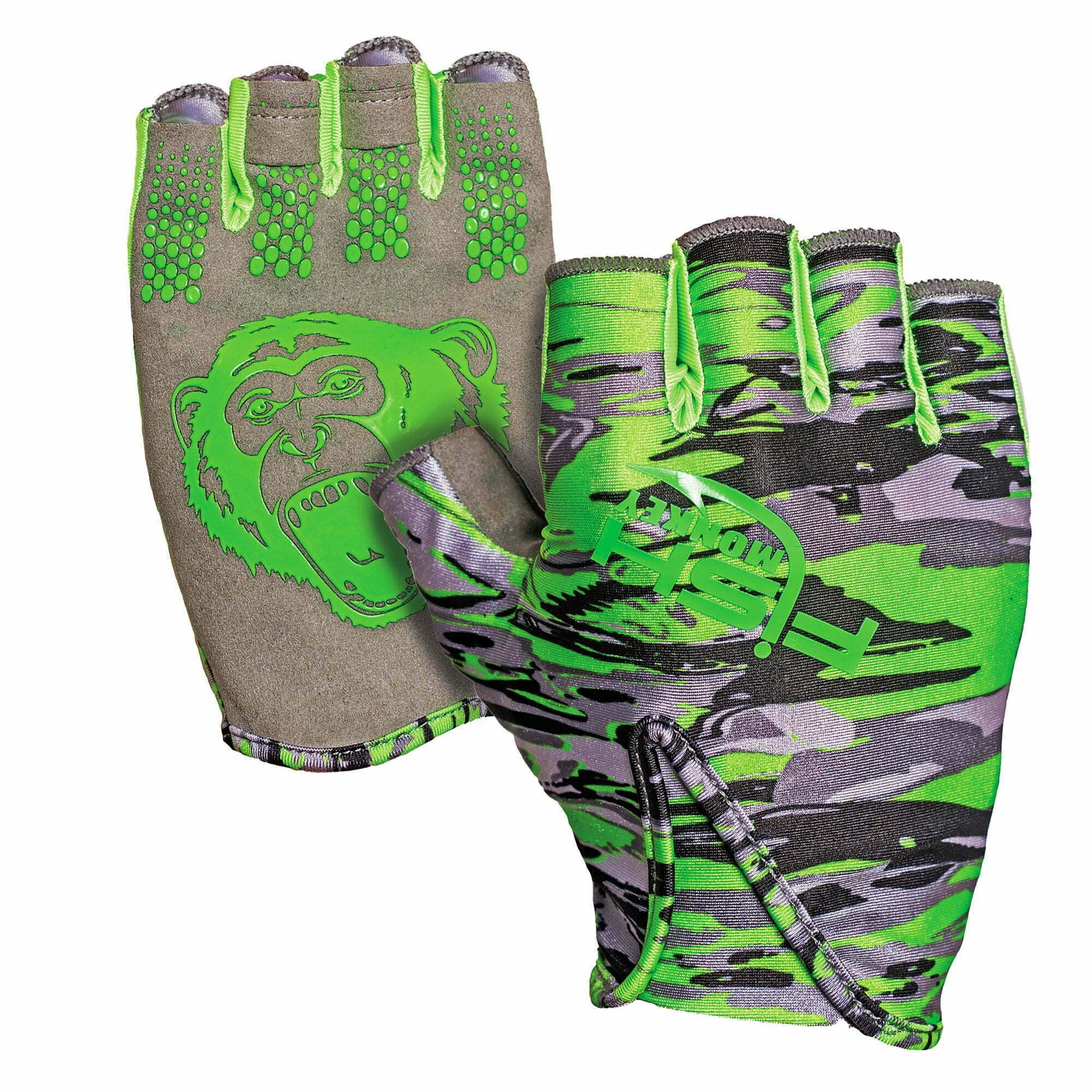 Fish Monkey FM18 stubby glove on hand in swamp-green showing coverage.
