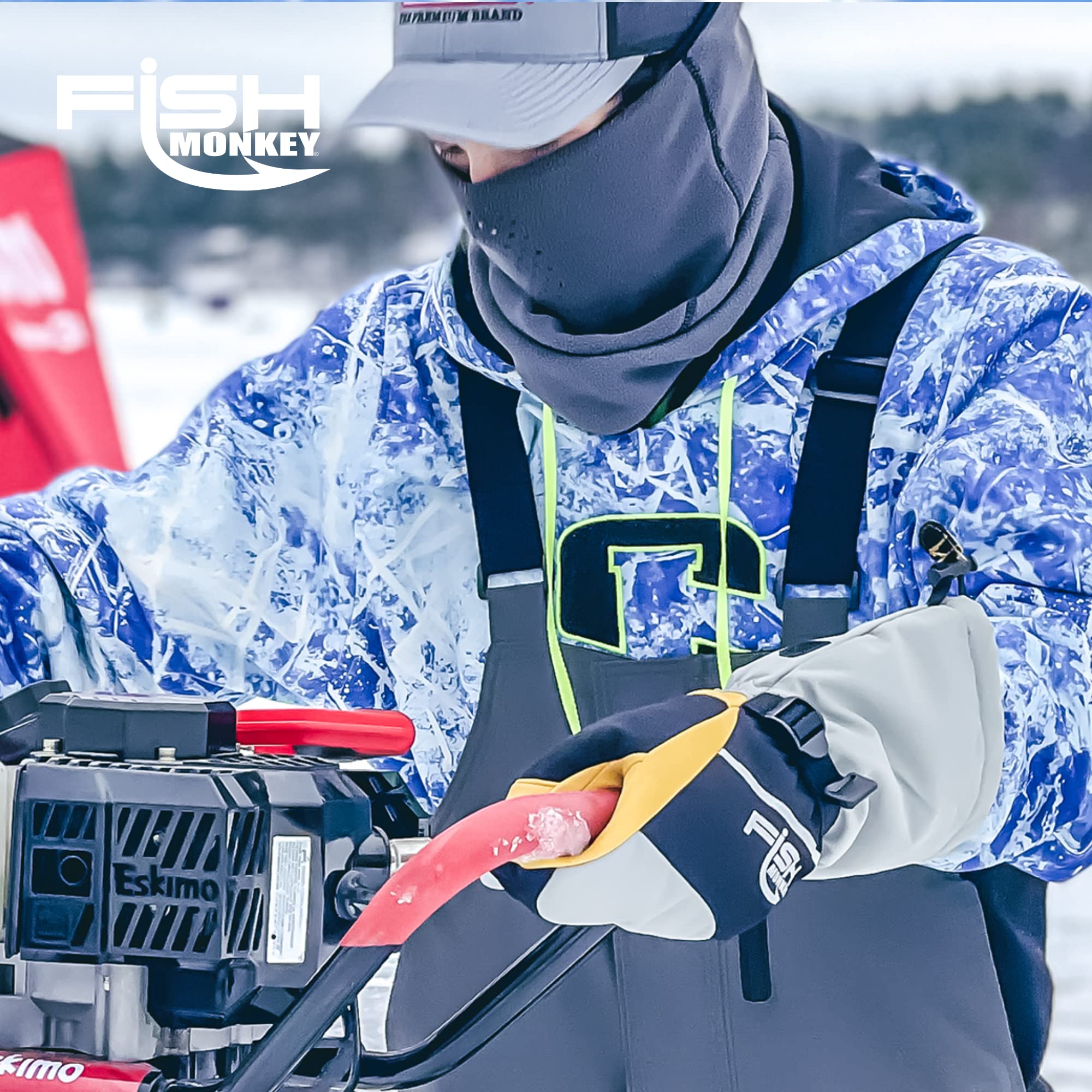 Fish Monkey FM36 Yeti mitten in outdoor ice-fishing scene demonstrating versatility