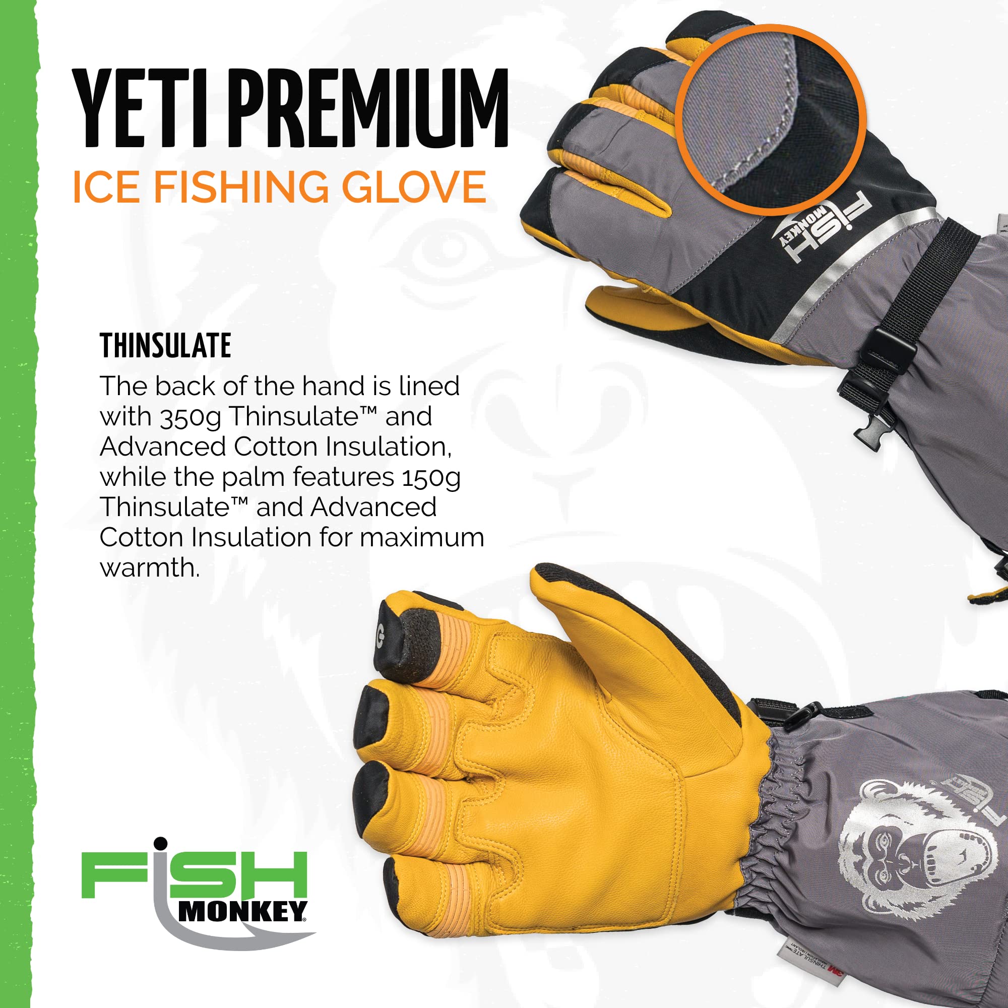 Fish Monkey FM37 Yeti glove thermo-fleece lining helps transfer heat for cozy, responsive hands.