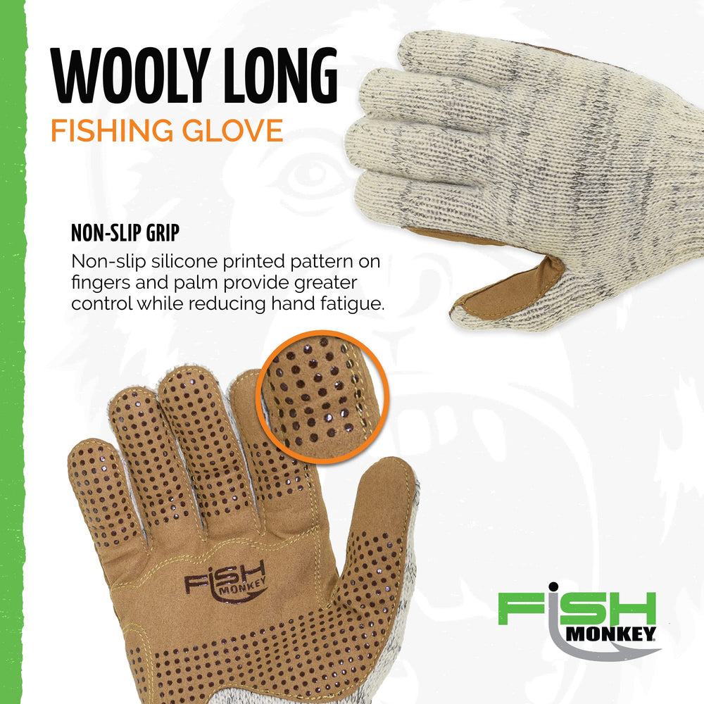 Fish Monkey wool full finger winter glove back view highlights flexible knit for easy movement.