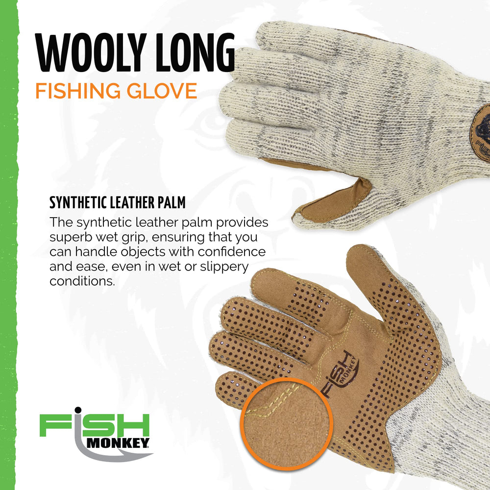 Fish Monkey wool full finger winter glove palm closeup reveals non-slip silicone grip for secure handling.