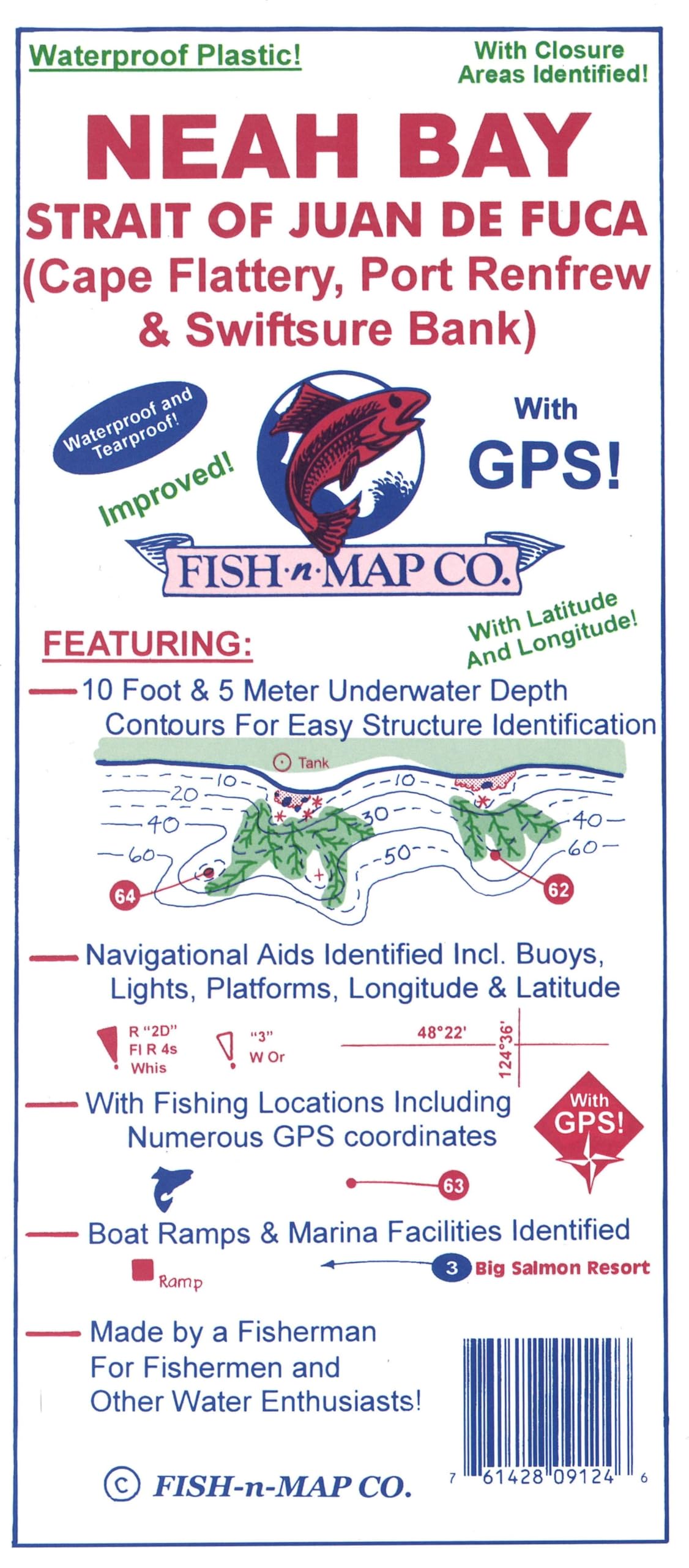 Fish-N-Map Neah Bay/Juan De Fuca Strait map showing underwater contours and GPS points for planning trips.