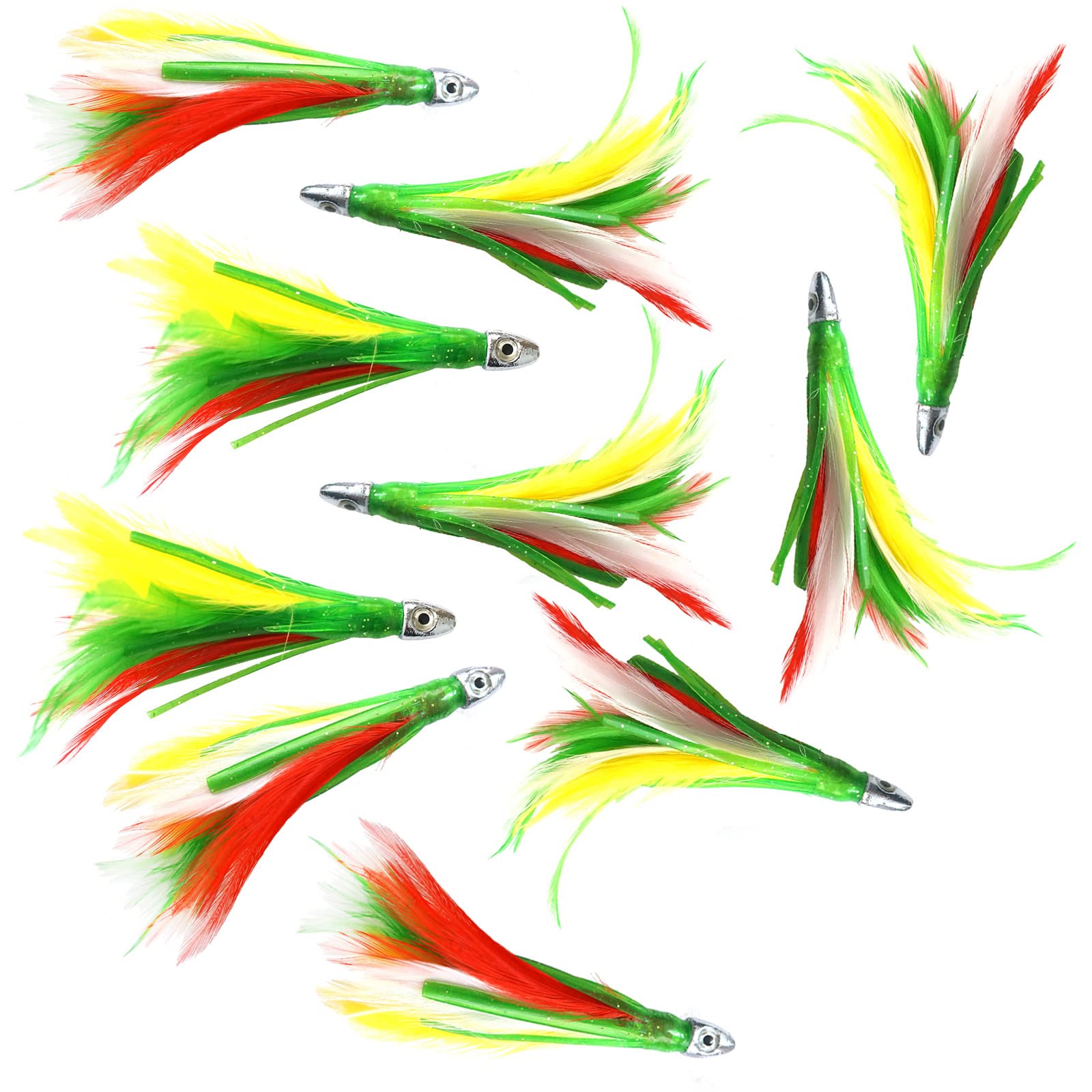Fish WOW! 10-piece Mexican Flag Feather lures ideal for pelagic trolling.