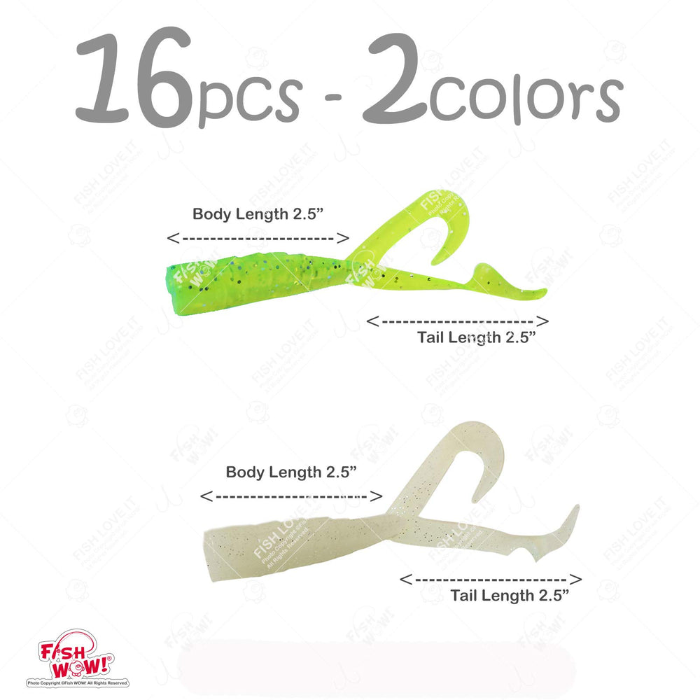 Fish WOW 16pcs extended 5inch twin-tail perch grub chartreuse green display