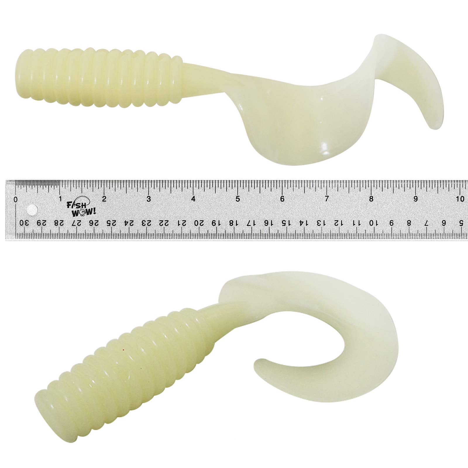 Fish WOW! 2pcs 10-inch curly-tail lure glowing for night fishing versatility.