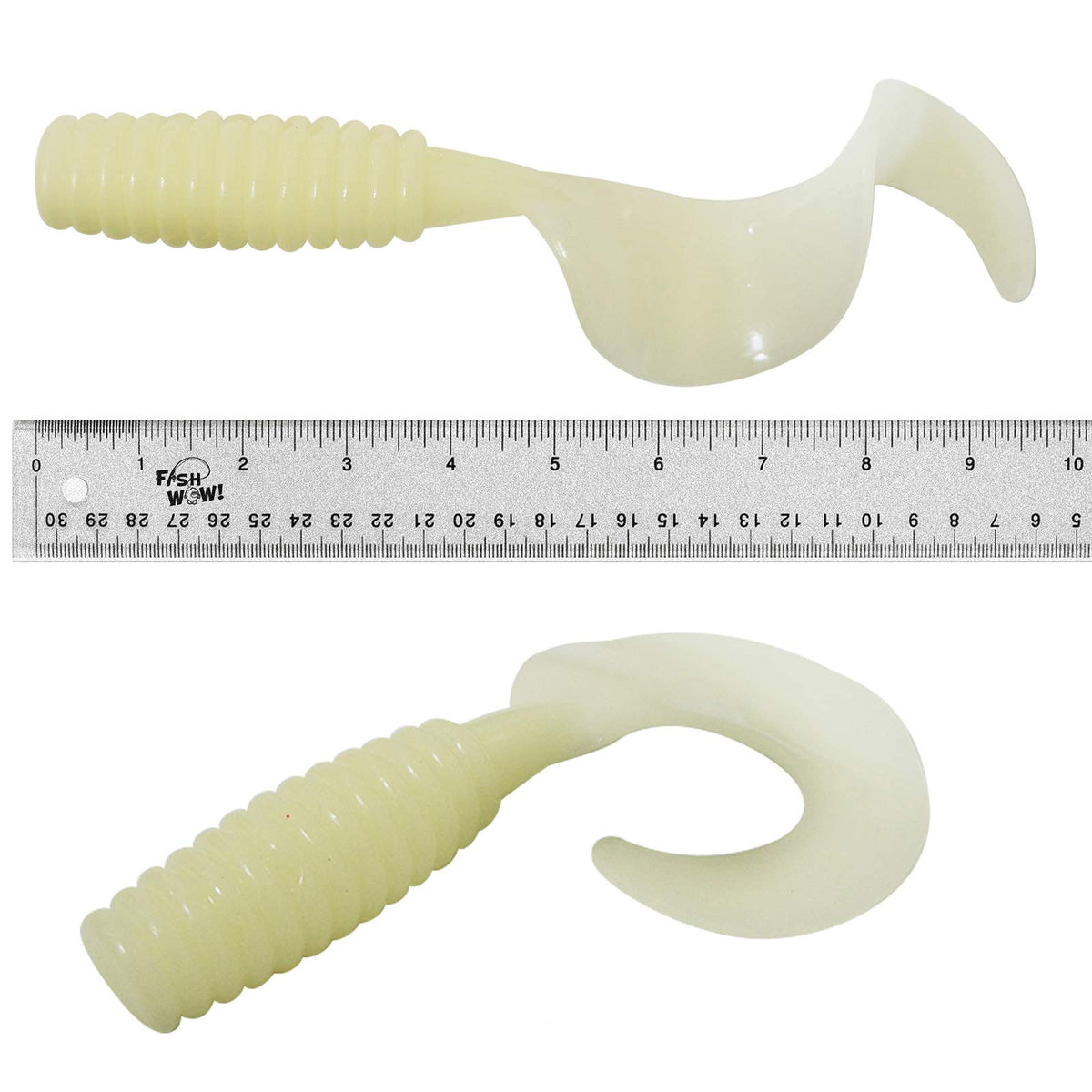 Fish WOW! 2pcs 10-inch curly-tail lure glowing for night fishing versatility.