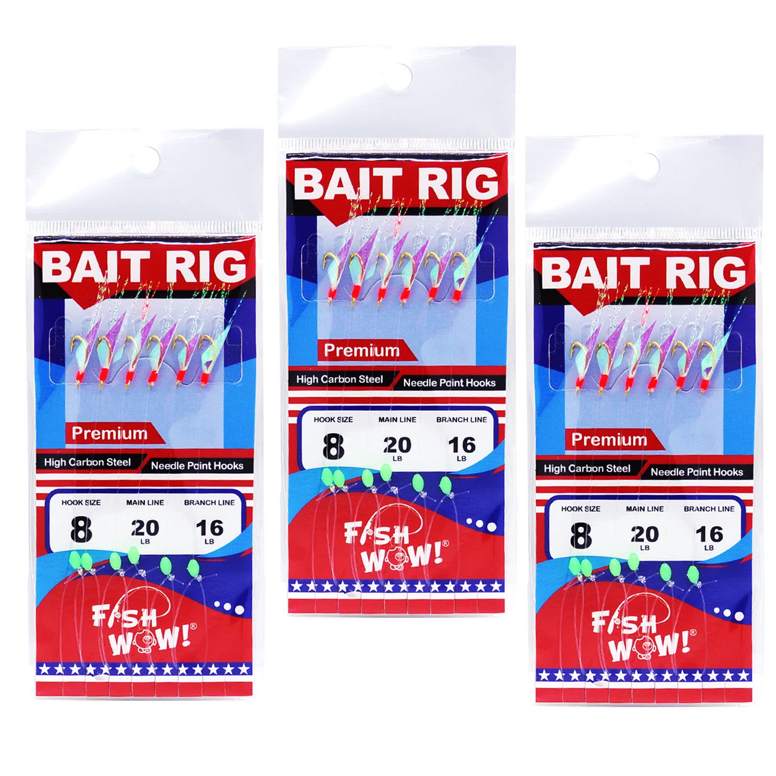 Fish WOW! three-pack bait rigs with six gold hooks for versatile saltwater fishing.