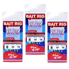 Fish WOW! three-pack bait rigs with six gold hooks for versatile saltwater fishing.
