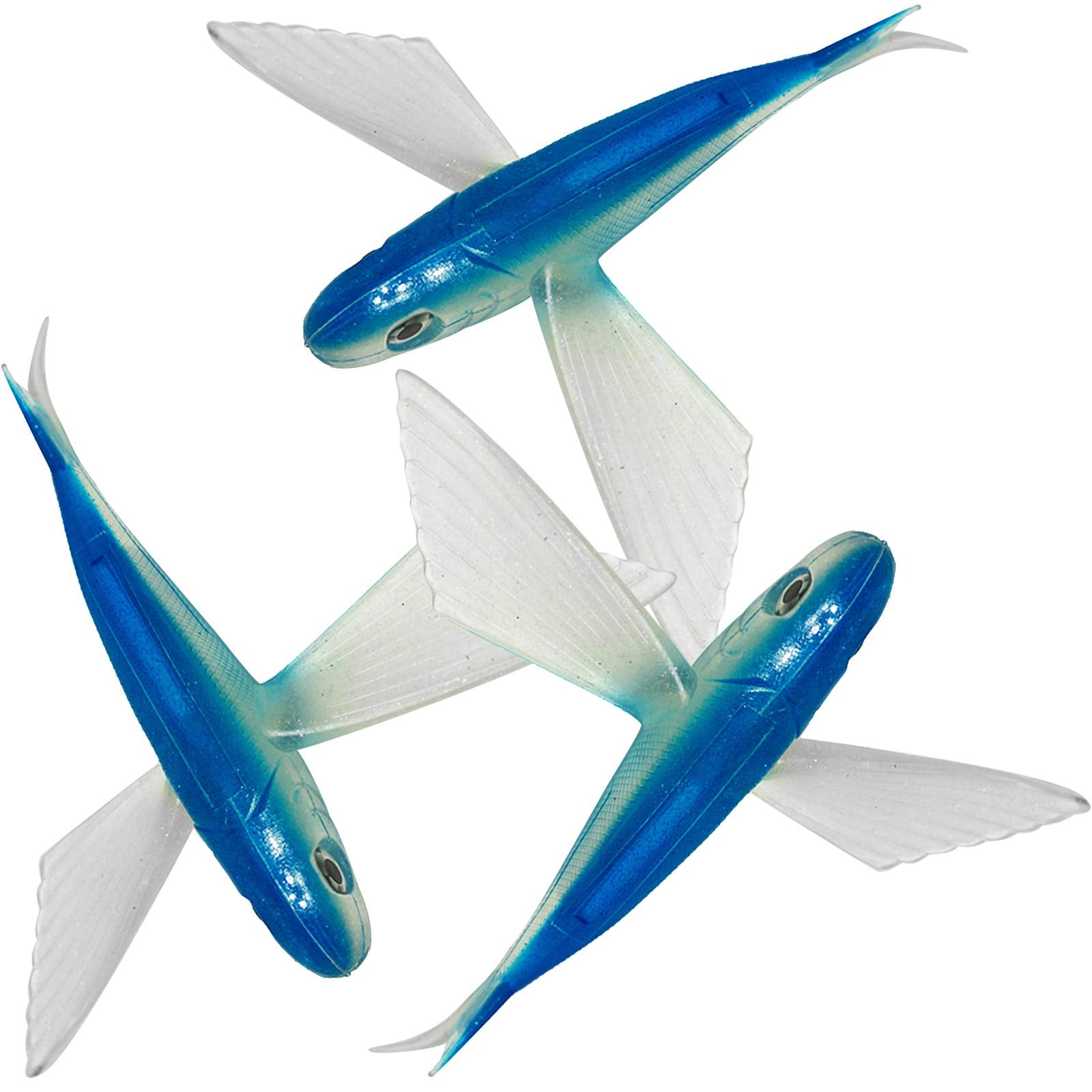 Fish WOW! 8-inch Blue Pearl Flying Fish lure boosts visibility for Wahoo and Tuna.
