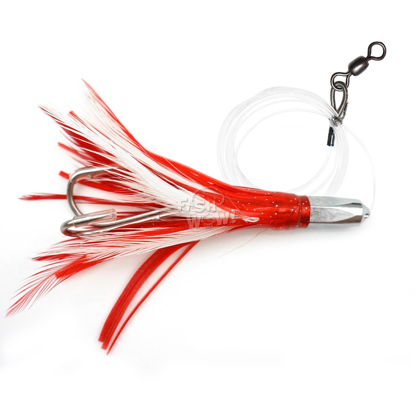 Fish WOW! 4.5-inch bullet jet head in red and white attracts big game with a bold bubble trail.