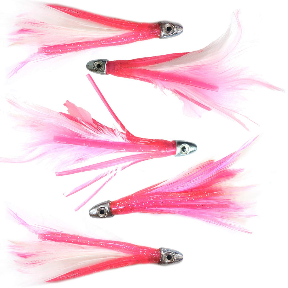 Fish WOW! 4in mini feather lure in pink and white with chrome head for versatile trolling