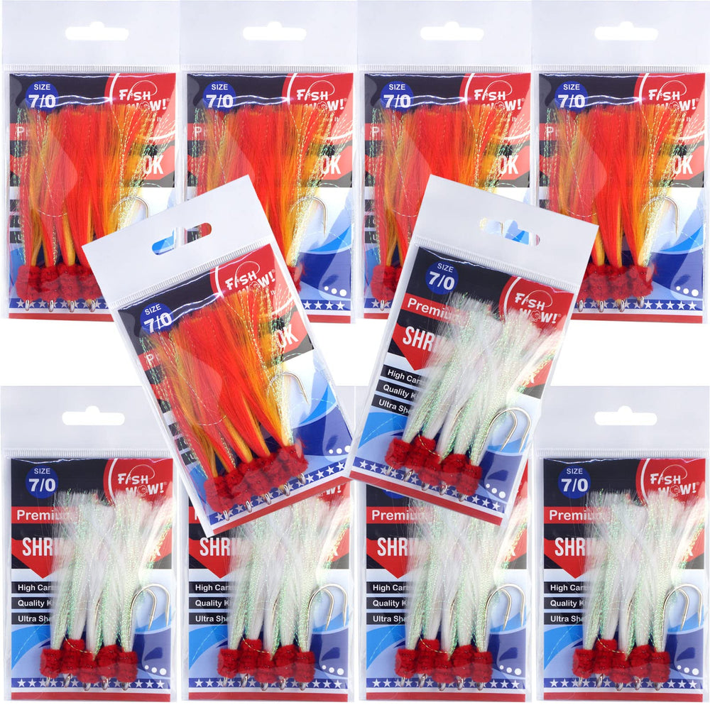 Fish WOW! 50-piece shrimp flying hooks in red and yellow attract rockfish varieties.