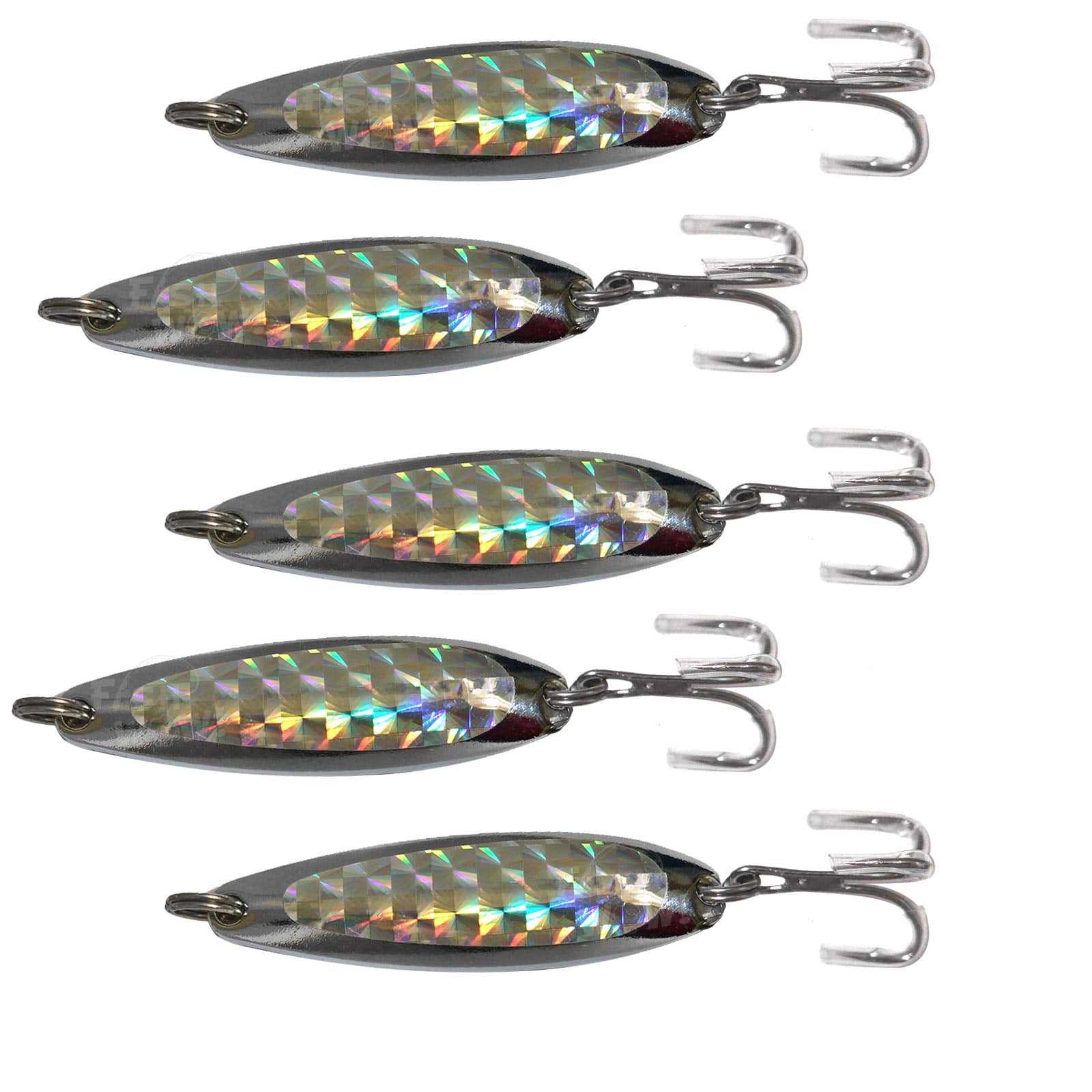 Fish WOW! 5-piece spoon lure with treble hook and silver tape for multi-species fishing.