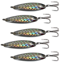 Fish WOW! 5-piece spoon lure with treble hook and silver tape for multi-species fishing.