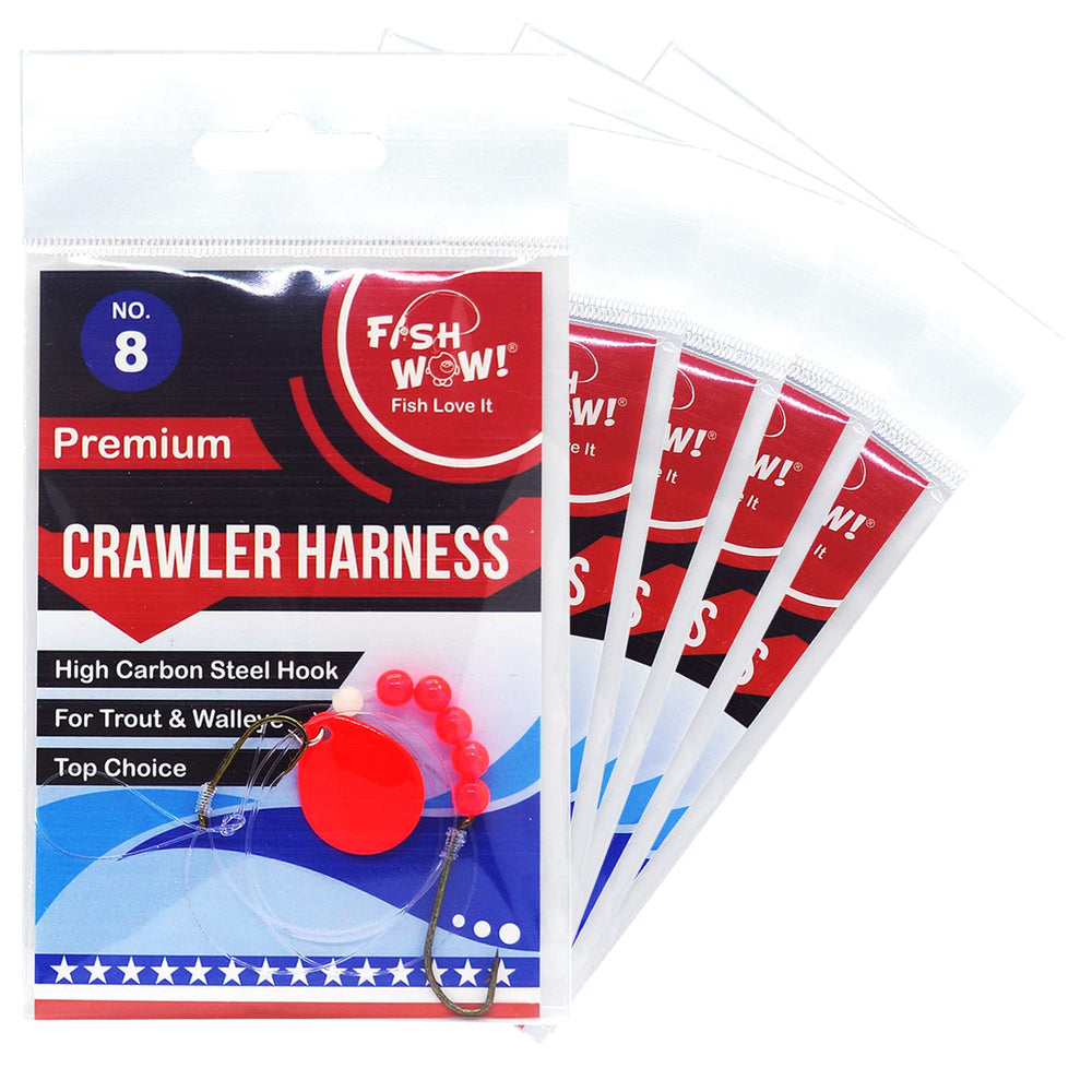 Fish WOW! 5-pack crawler harness with two red blades enhances walleye fishing versatility.