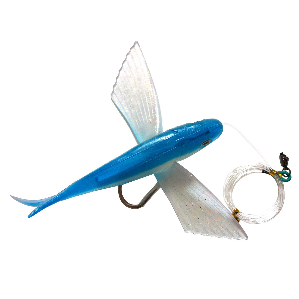 Fish WOW! 8-inch Flying Fish Rig blue glitter lure for versatile trolling and kite fishing.