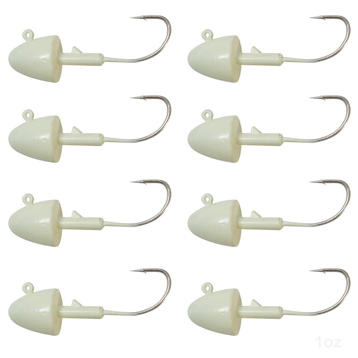 Fish WOW! 8pcs shad jighead glow closeup for improved lure visibility.