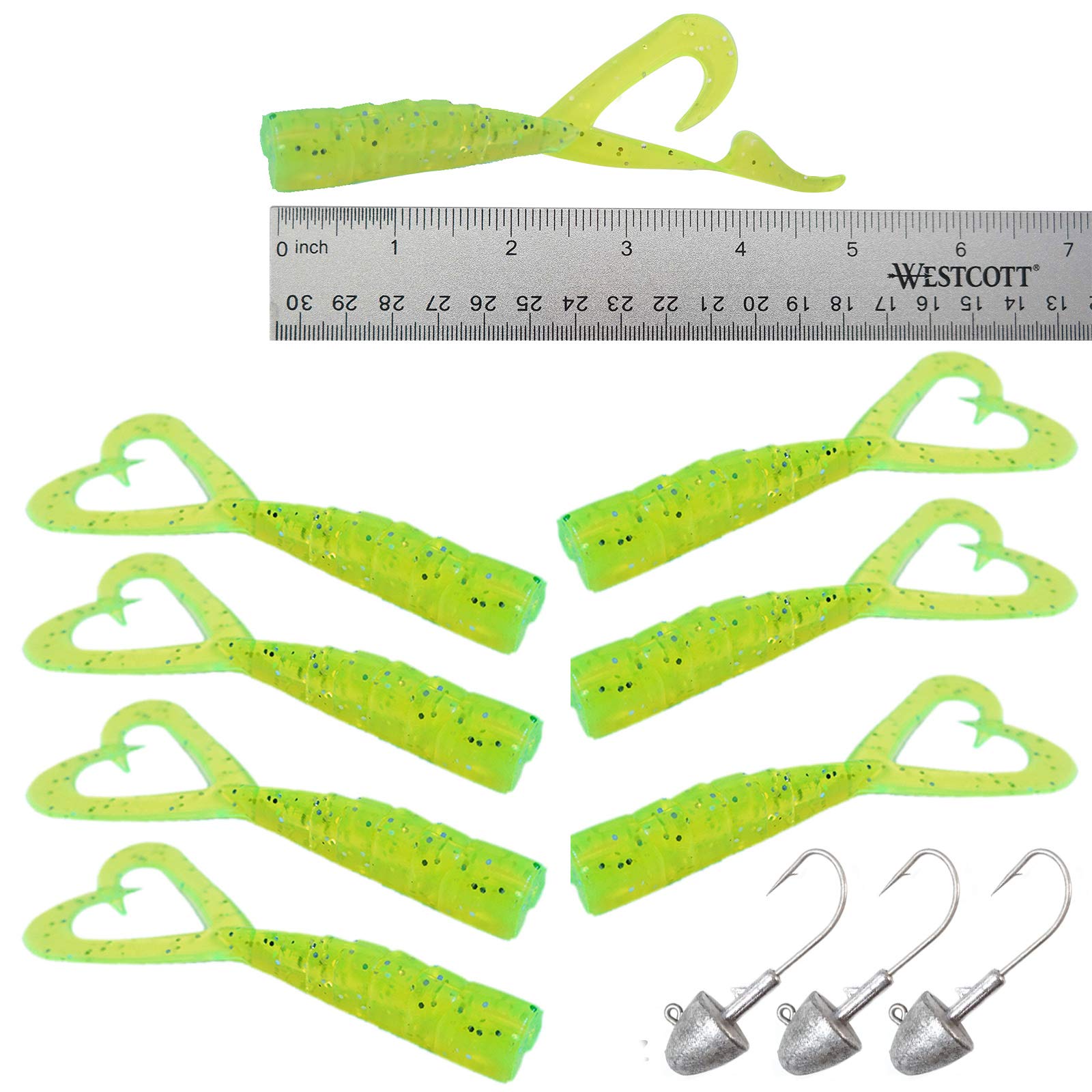 Fish WOW! 8pcs chartreuse twin-tail grubs for perch jigging.