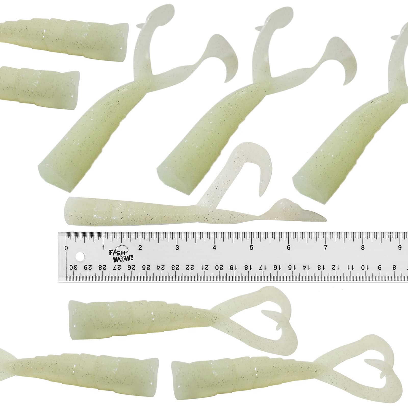 Fish WOW! 9pcs glow-perch-grub pack shows durable ocean-ready soft lures.