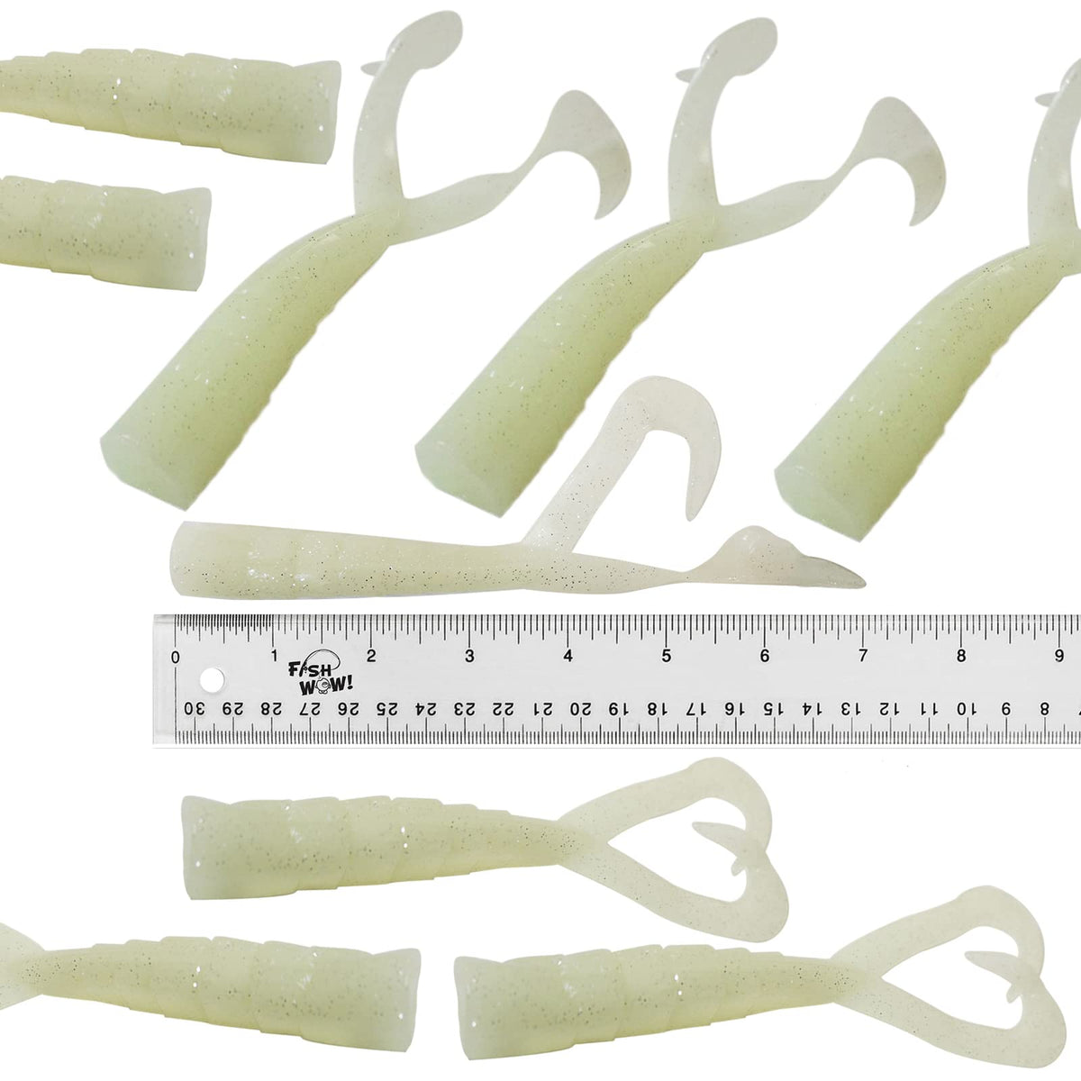 Fish WOW! 9pcs glow-perch-grub pack shows durable ocean-ready soft lures.