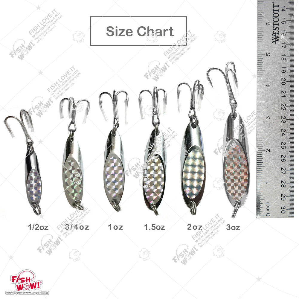Fish WOW chrome jig bait lure with holographic shine to attract larger predators.