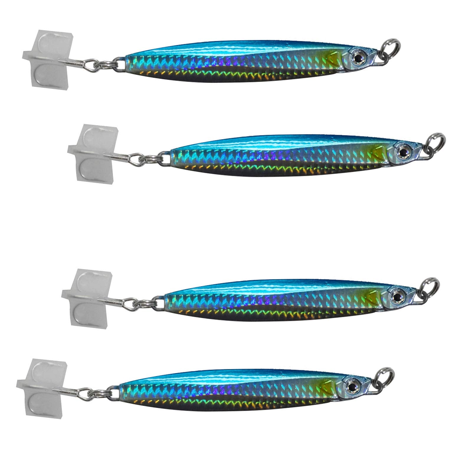 Fish WOW Colt Sniper blue-silver jig with realistic 3D eyes and holographic shine.