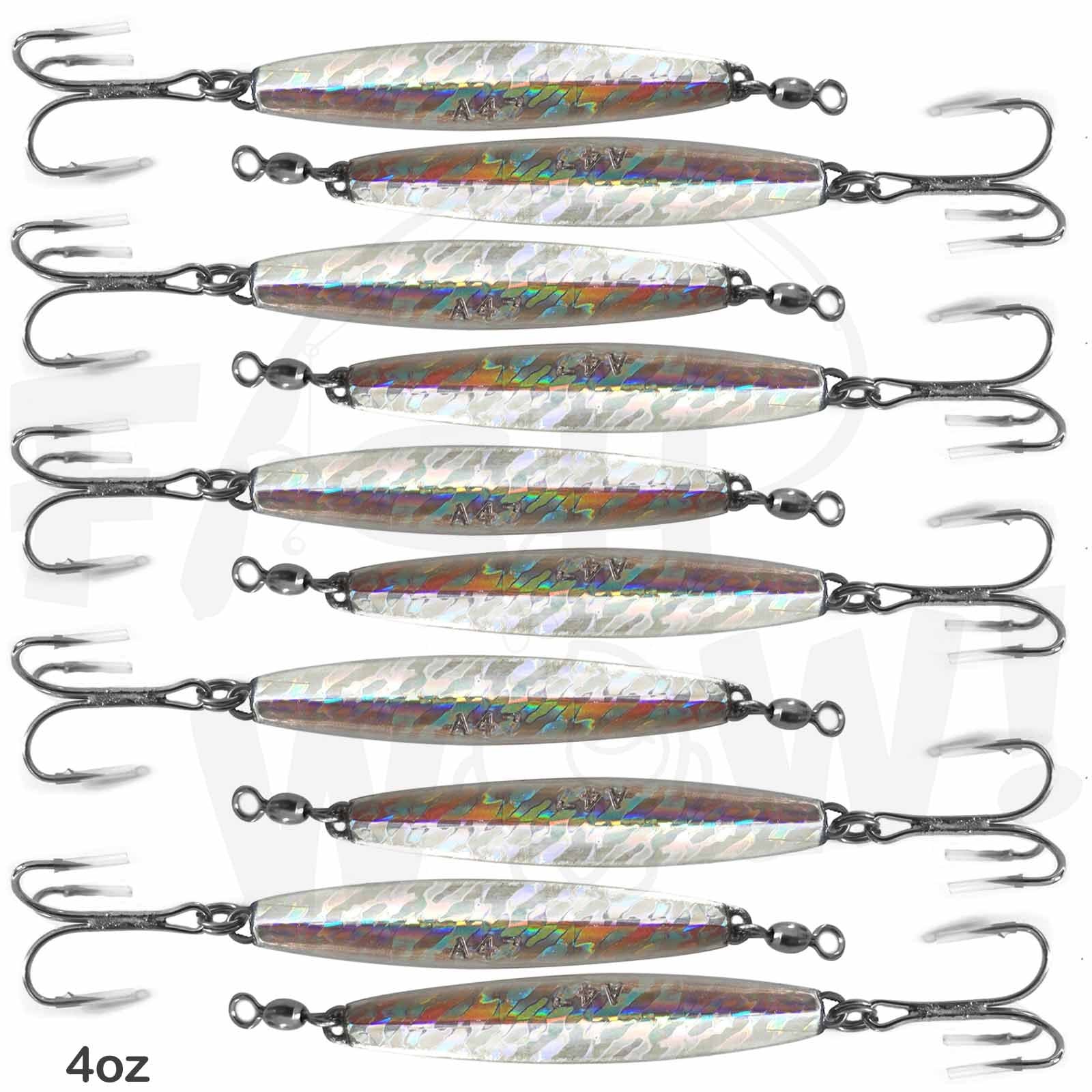 Fish WOW 4oz diamond jig pack for saltwater jigging with vivid holographic finish.