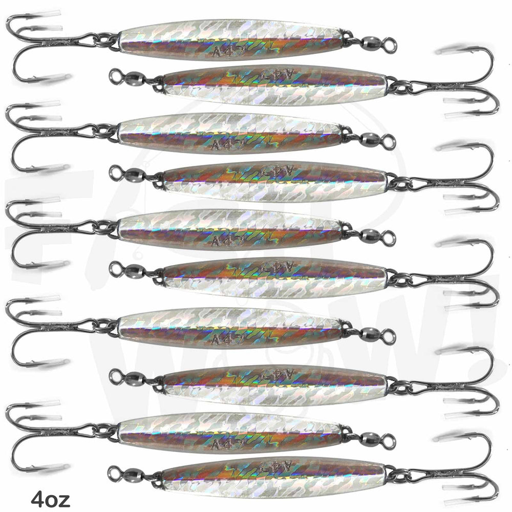 Fish WOW 4oz diamond jig pack for saltwater jigging with vivid holographic finish.
