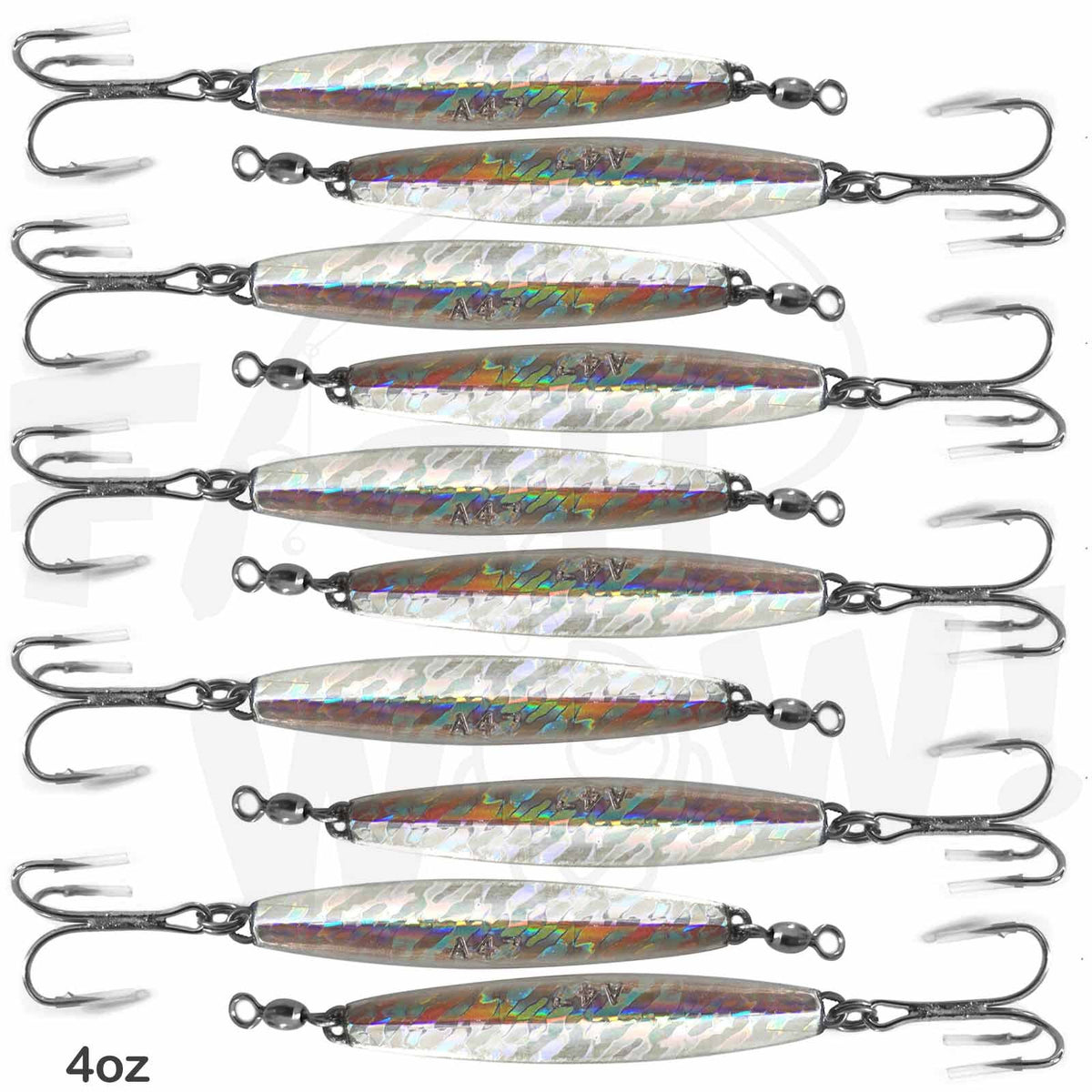 Fish WOW 4oz diamond jig pack for saltwater jigging with vivid holographic finish.