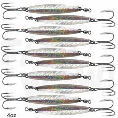 Fish WOW 4oz diamond jig pack for saltwater jigging with vivid holographic finish.