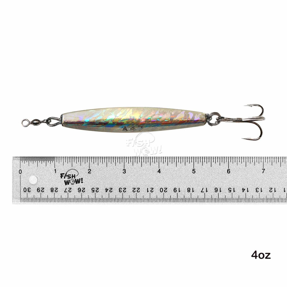 Fish WOW diamond jig with holographic laser finish ideal for fast vertical drops.