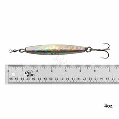 Fish WOW diamond jig with holographic laser finish ideal for fast vertical drops.