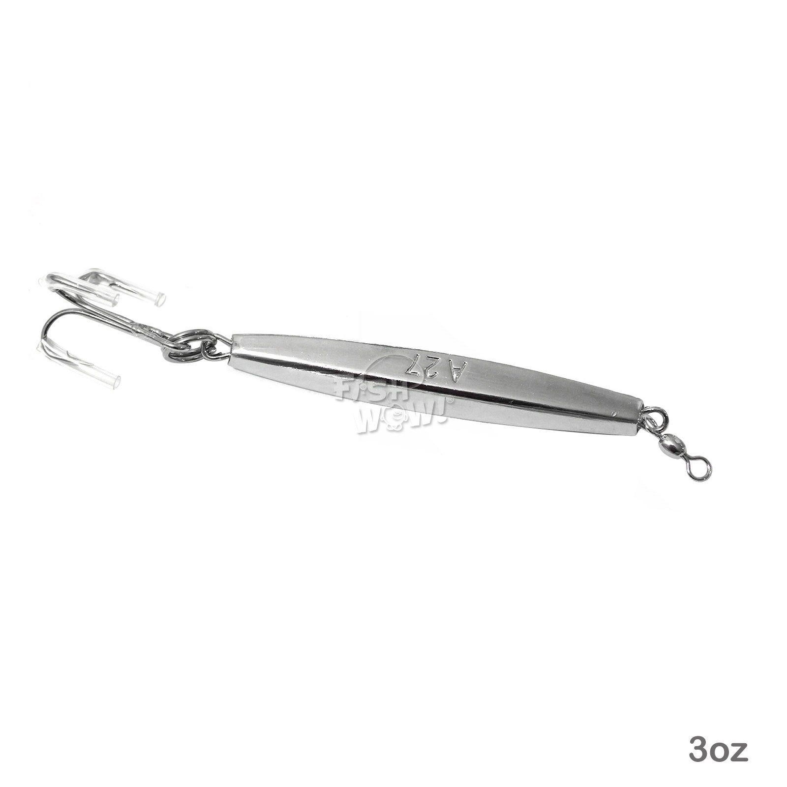 Fish WOW! diamond jig tackle closeup with treble hook detail.