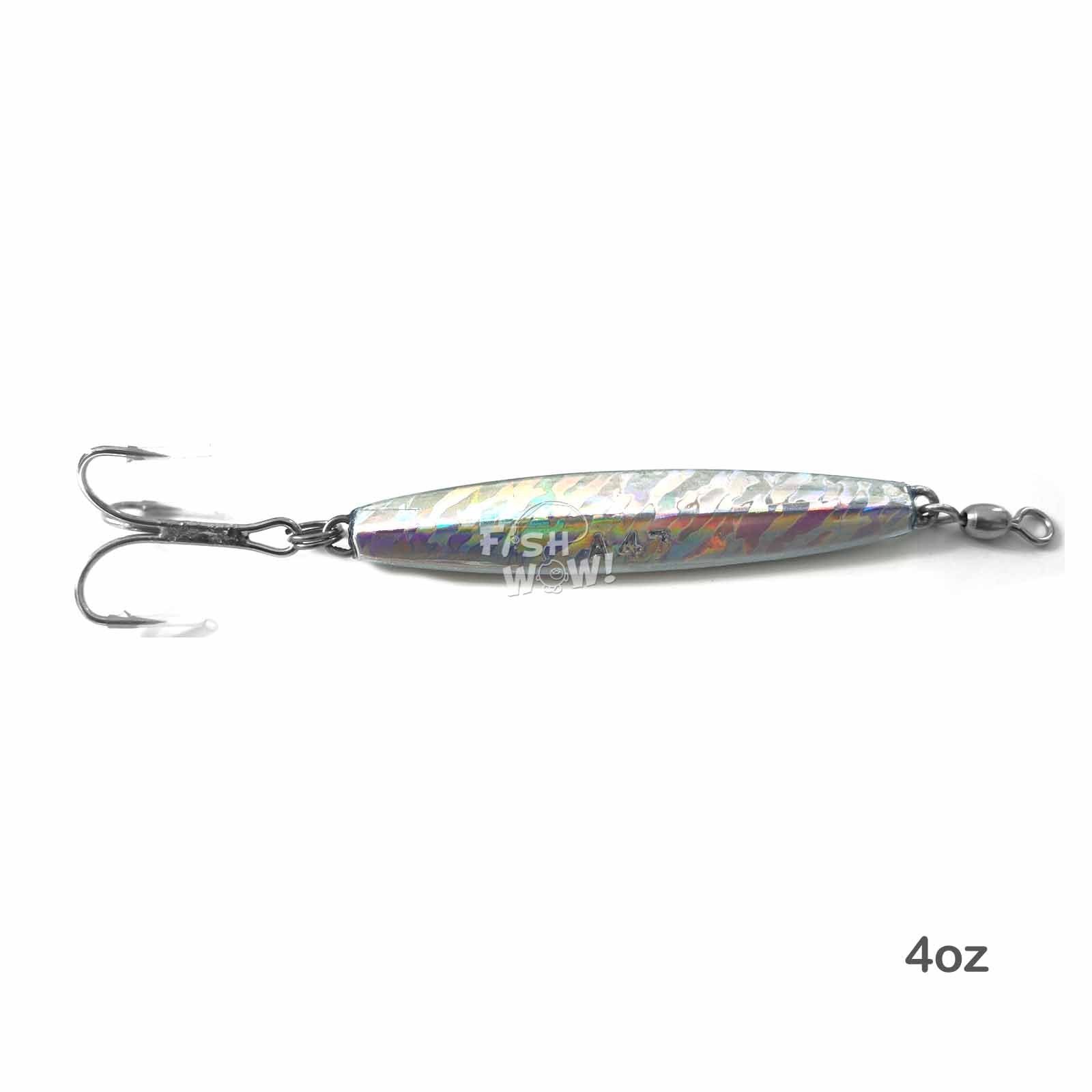 Fish WOW holographic jig attracts cod, bluefish, and striped bass in shallow or deep water.
