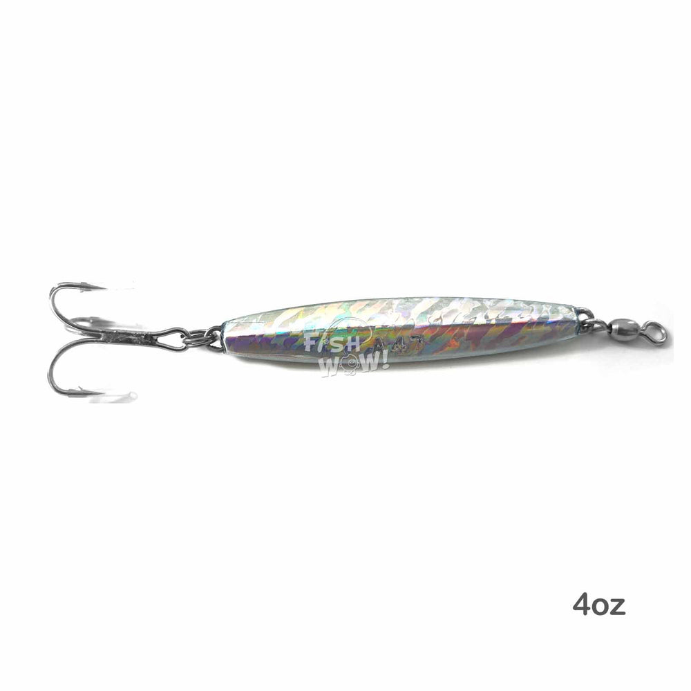 Fish WOW holographic jig attracts cod, bluefish, and striped bass in shallow or deep water.