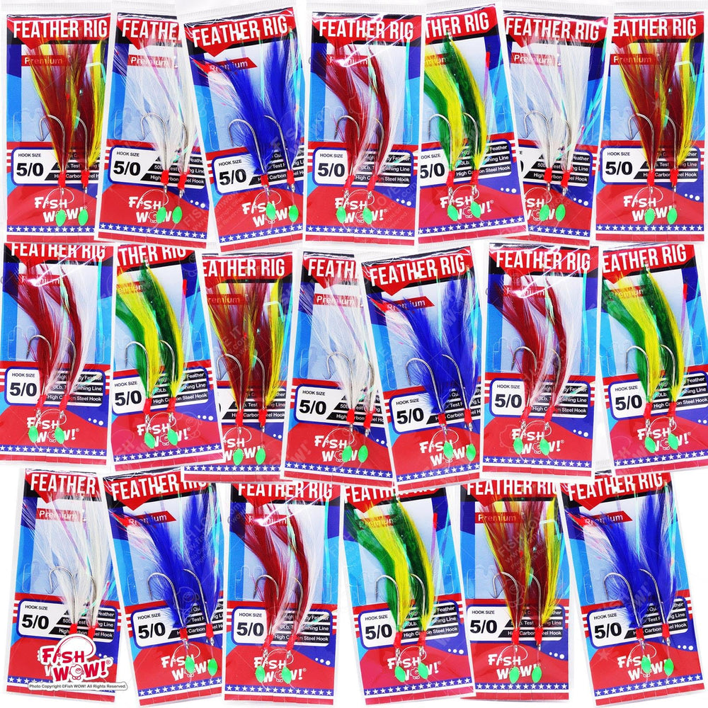 Fish WOW feather rig with 5/0 hooks ready for rockfish jigging