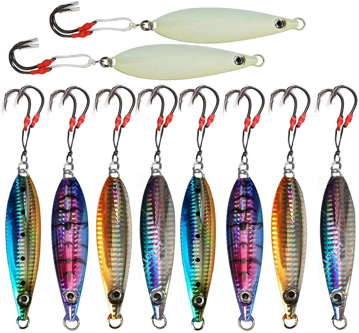 Fish WOW! flat fall jig set for bottom fishing, featuring multiple colors.