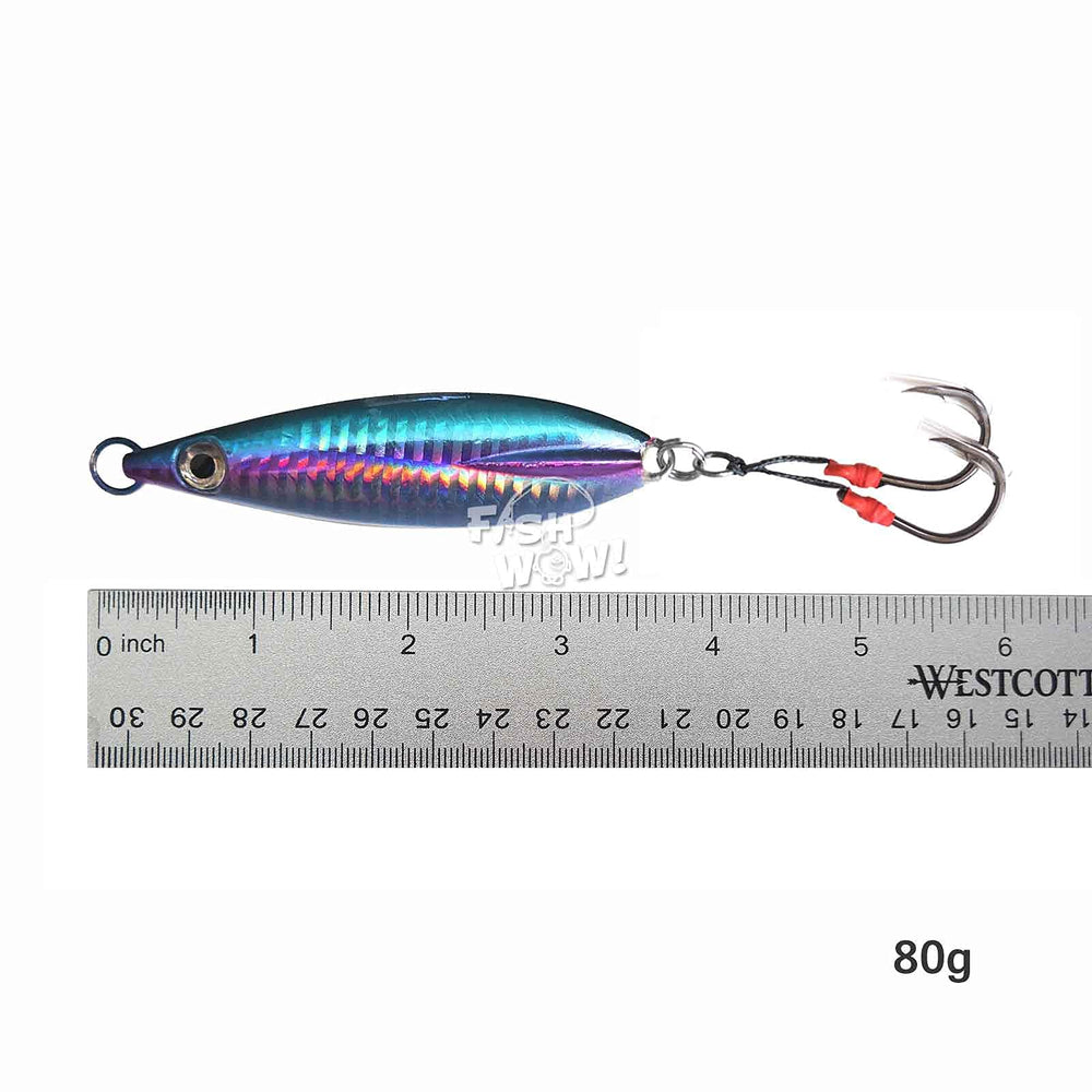 Fish WOW! flat fall jig 80g side view showing balanced weight and drop.
