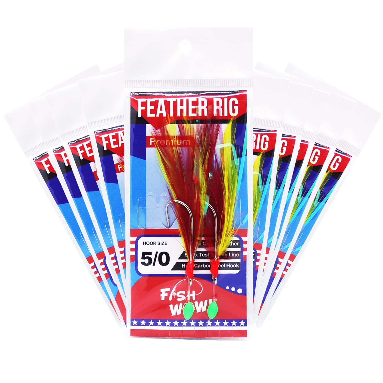 Fish WOW! red yellow rockfish feather rig front view with dual hooks for rockfish jigging.