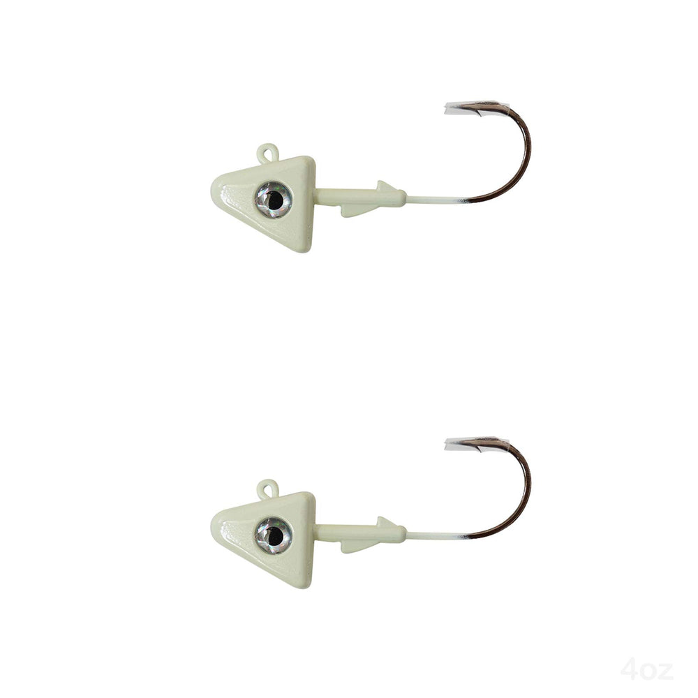 Fish WOW! glow jig head 4oz with 9/0 hook enhances night visibility for targeted casts.