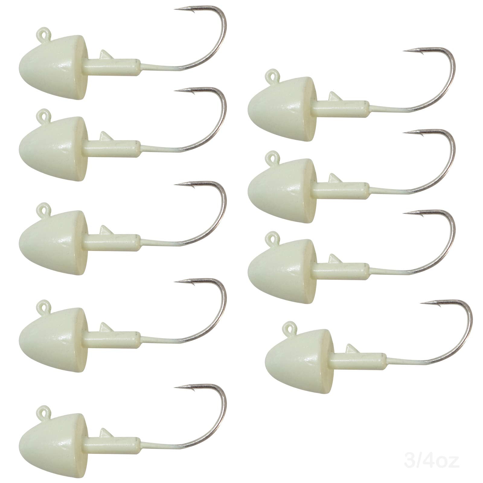 Fish WOW! glow bullet jig head 9pc set with glow coating for low-light fishing.