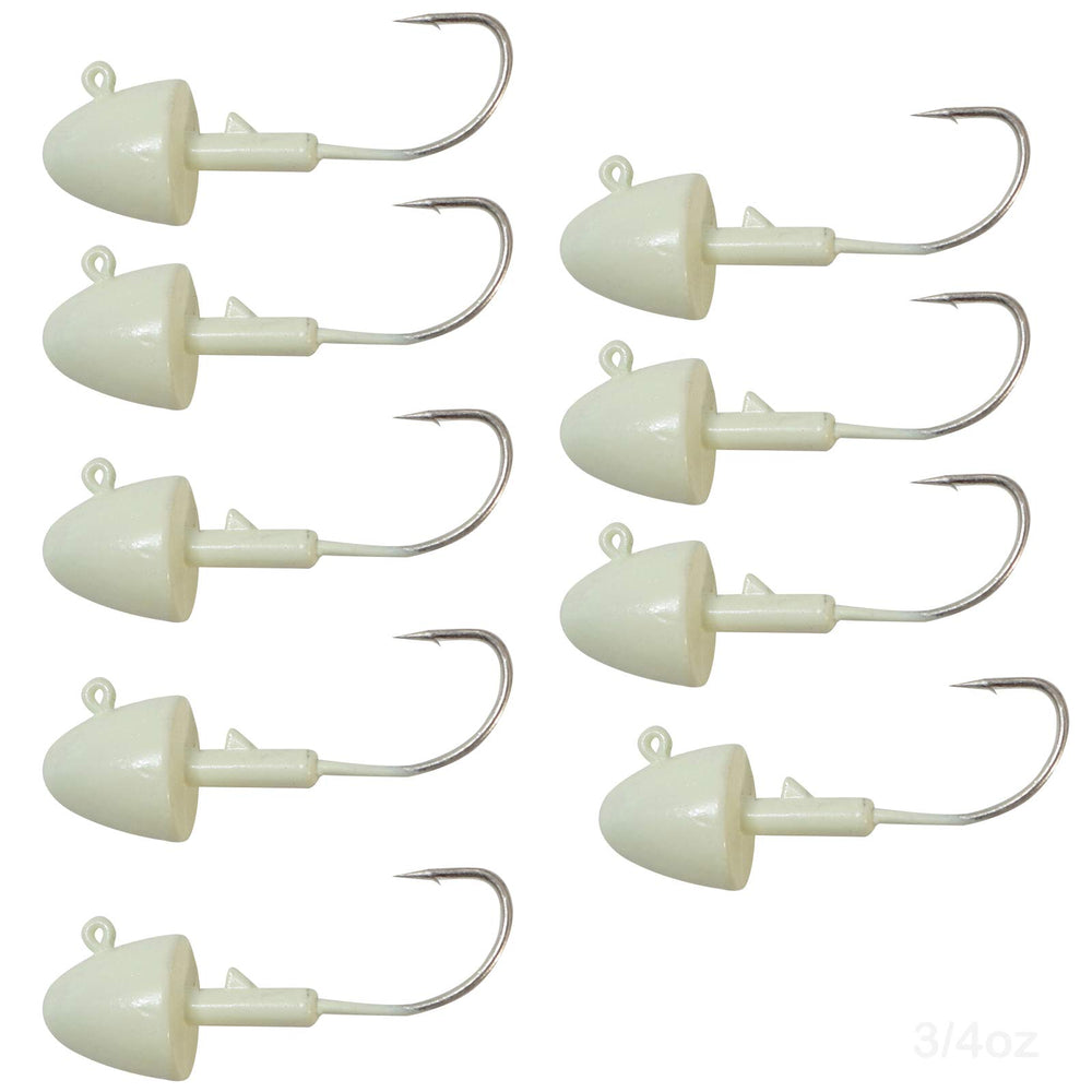Fish WOW! glow bullet jig head 9pc set with glow coating for low-light fishing.